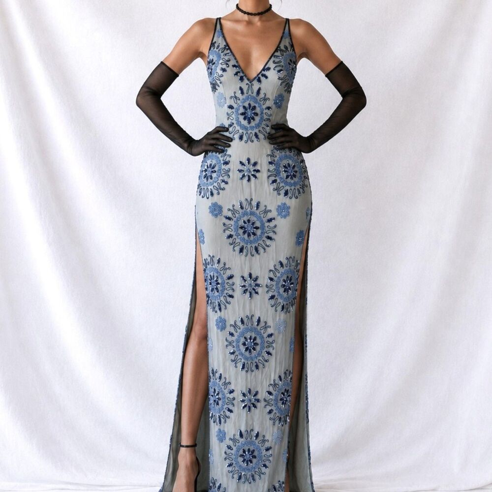 Vintage Blue Silk V-Neck Floral Beaded Bodycon Side Slit Maxi Prom Dress XS/S